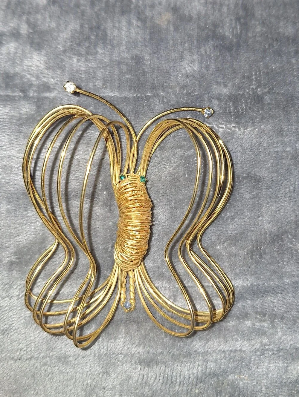 Vintage Handmade Butterfly Brooch~Multi-Loop Wire~Gold Tone~Sculpture~Rhinestone